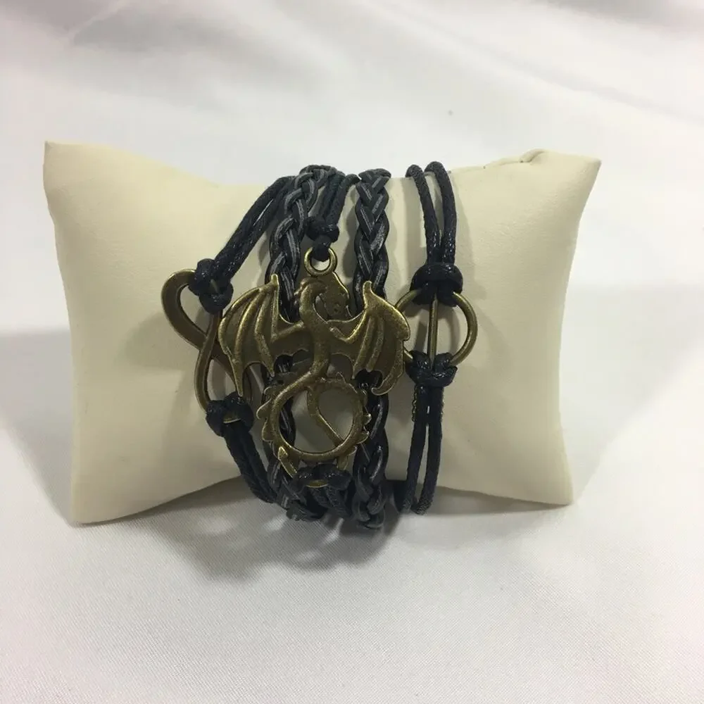 Multi Layer Leather Bracelet with Dragon Charm
